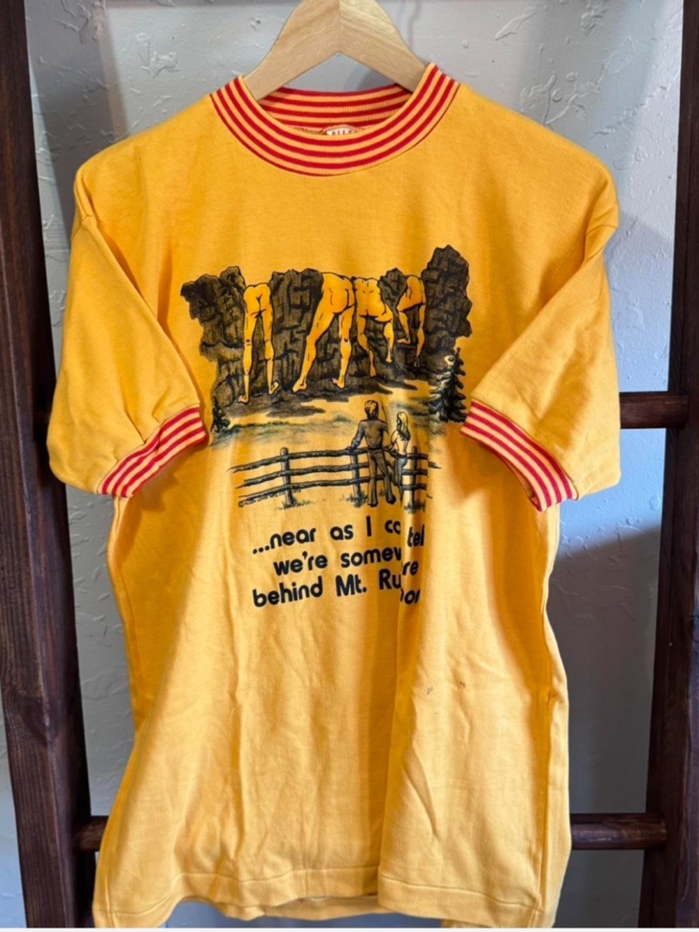 Vintage Yellow Graphic Ringer Tee with Red Stripe Trim